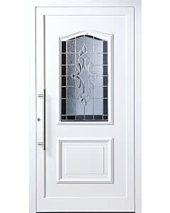 Bleiverglasung B31 Facettenmotiv, Eisblumenglas und Antik 75 dunkelblau, Edelstahl-Stangengriff. Die Abbildung zeigt die Tür in Ausführung Glasfalz.